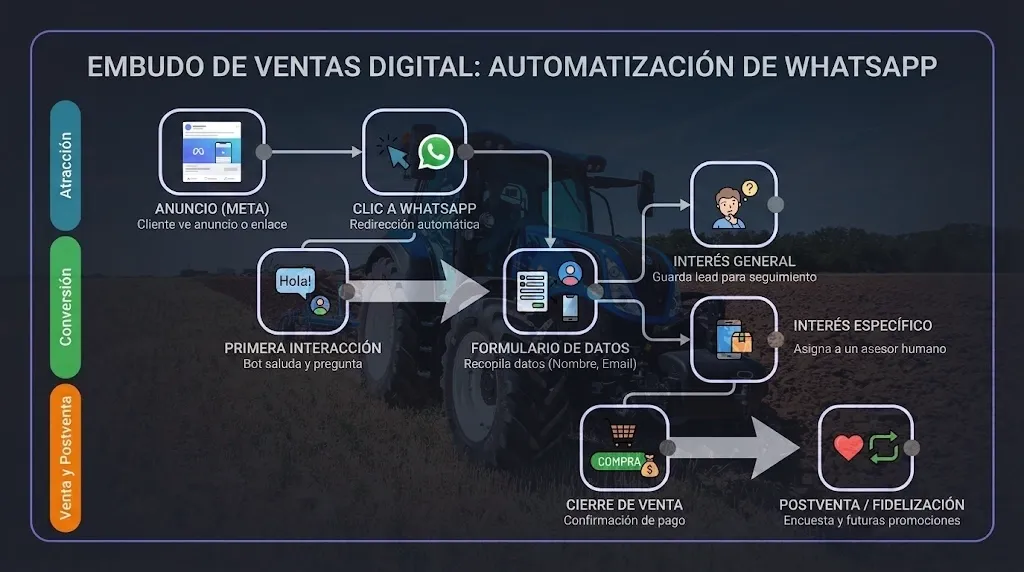 Embudo de ventas digital con automatización de WhatsApp: atracción, conversión, venta y postventa